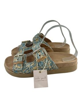 MILA PAOLI Made in Italy Blue Tan Woven Straw Two Buckle Strap Sandals NEW 9